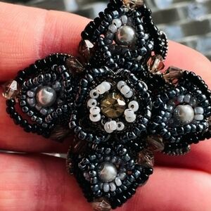 Elegant Black Hand Beaded Brooch vintage Pearls Unique Metallic Bohemian